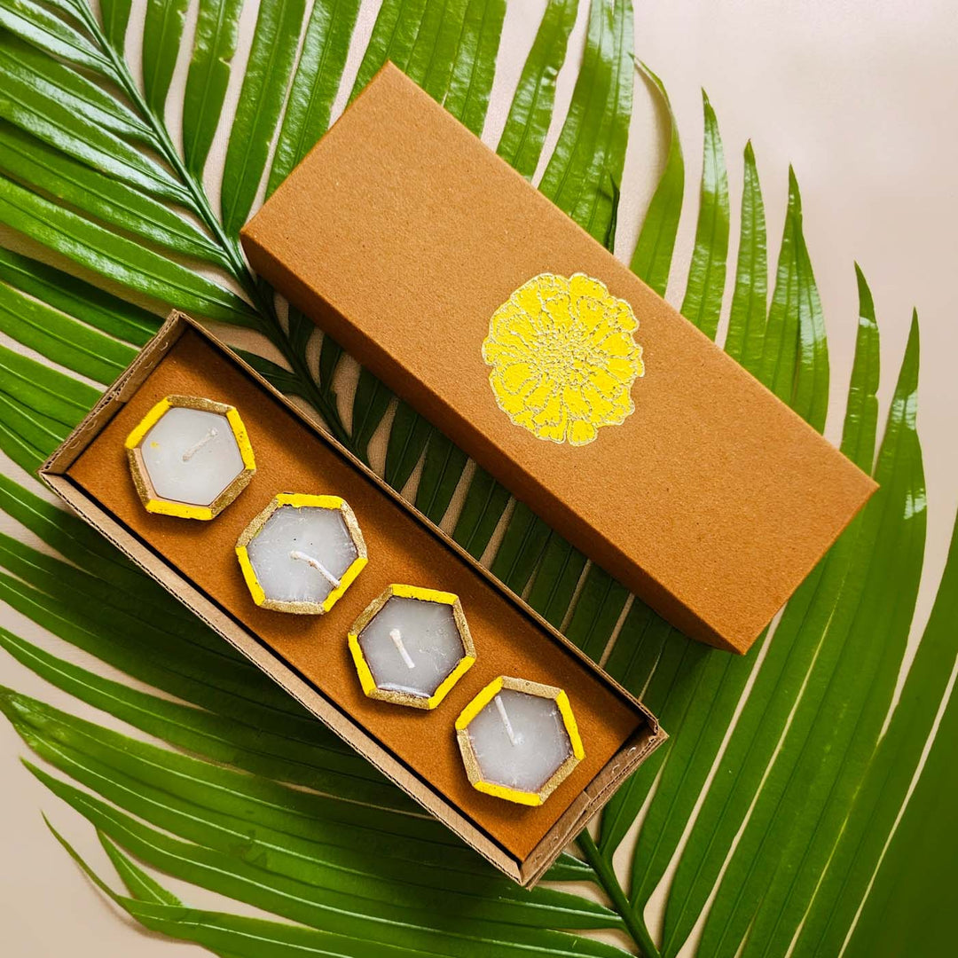 Handmade Yellow Marigold Design Mini Gift Hamper | Includes 1 Silk Runner,1 Toran, 4 Diyas And 1 Gift Box