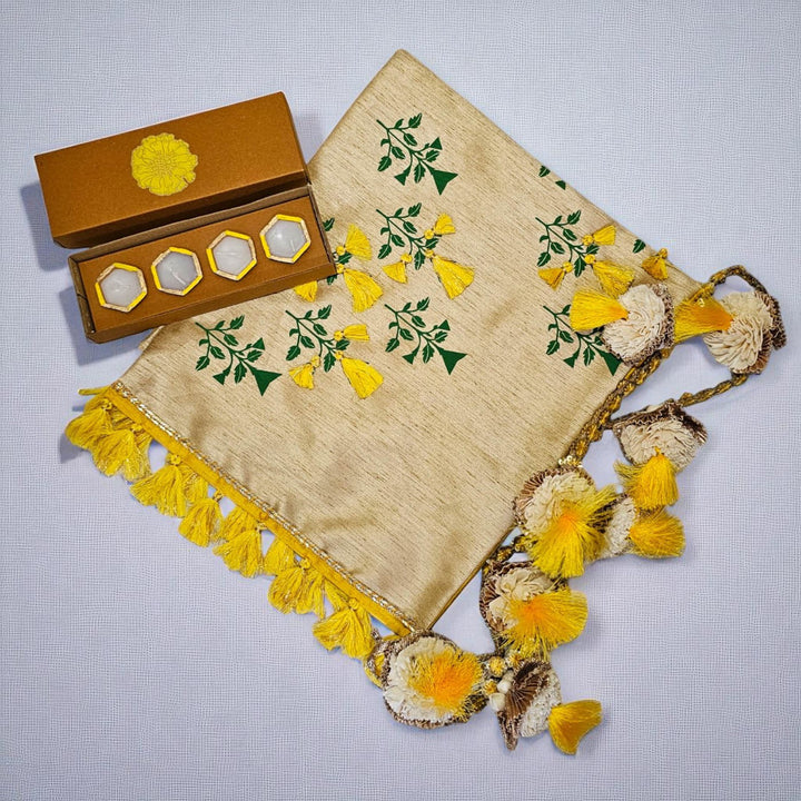 Handmade Yellow Marigold Design Mini Gift Hamper | Includes 1 Silk Runner,1 Toran, 4 Diyas And 1 Gift Box