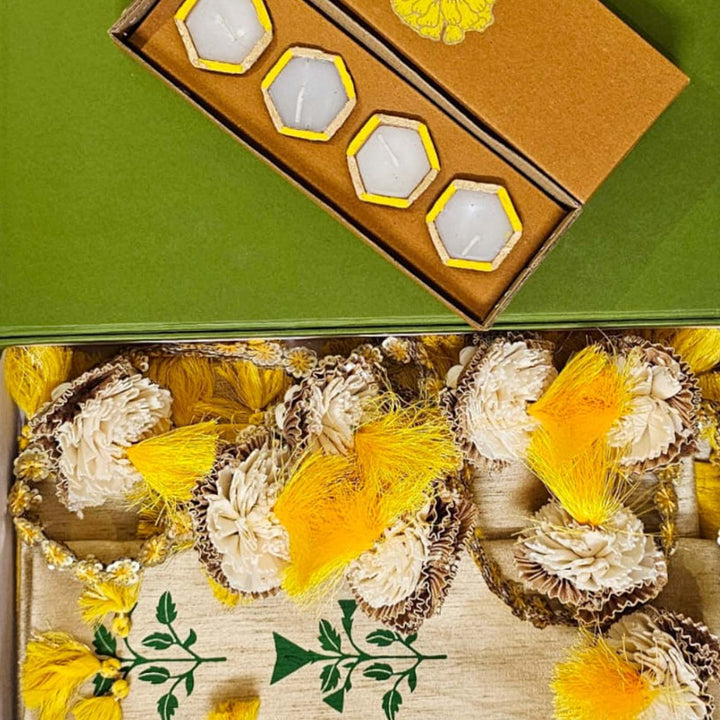 Handmade Yellow Marigold Design Mini Gift Hamper | Includes 1 Silk Runner,1 Toran, 4 Diyas And 1 Gift Box