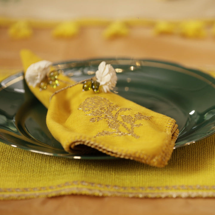 Handmade Yellow Marigold Design Napkin | Set Of 6