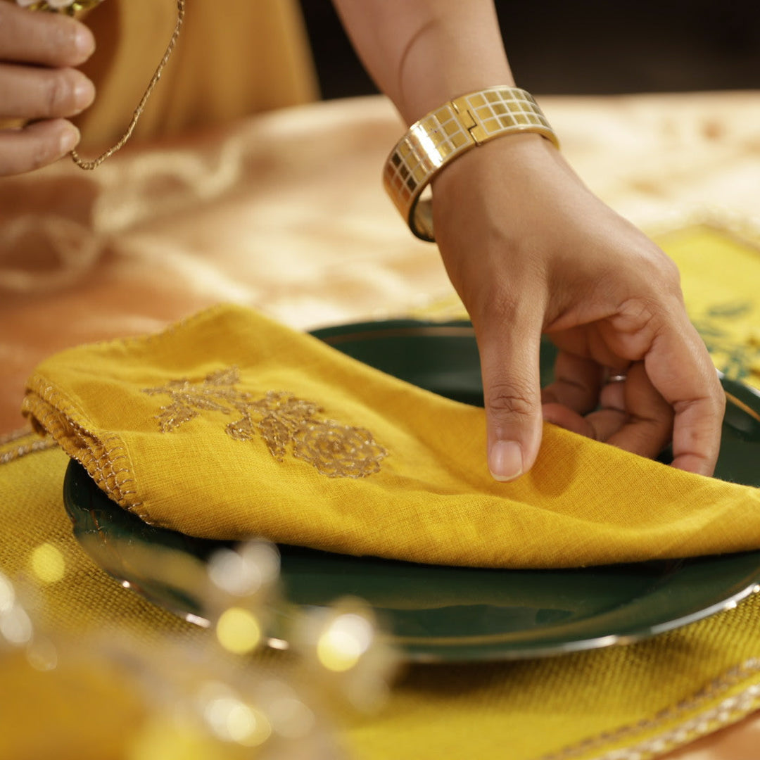 Handmade Yellow Marigold Design Napkin | Set Of 6