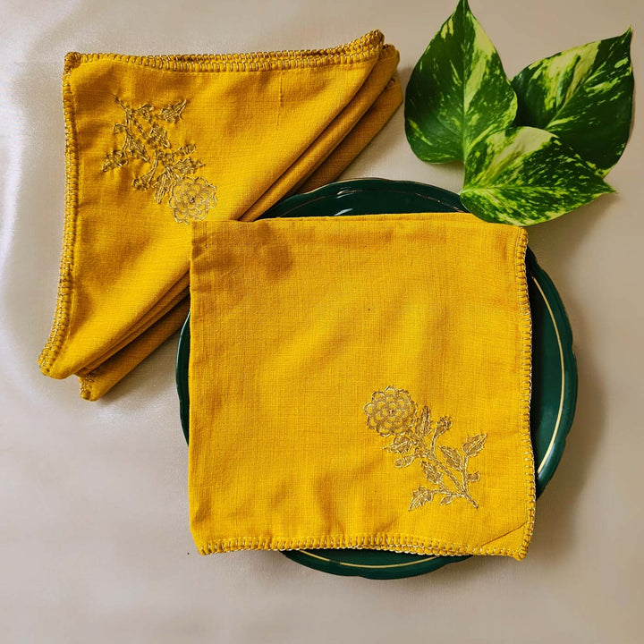 Handmade Yellow Marigold Design Napkin | Set Of 6
