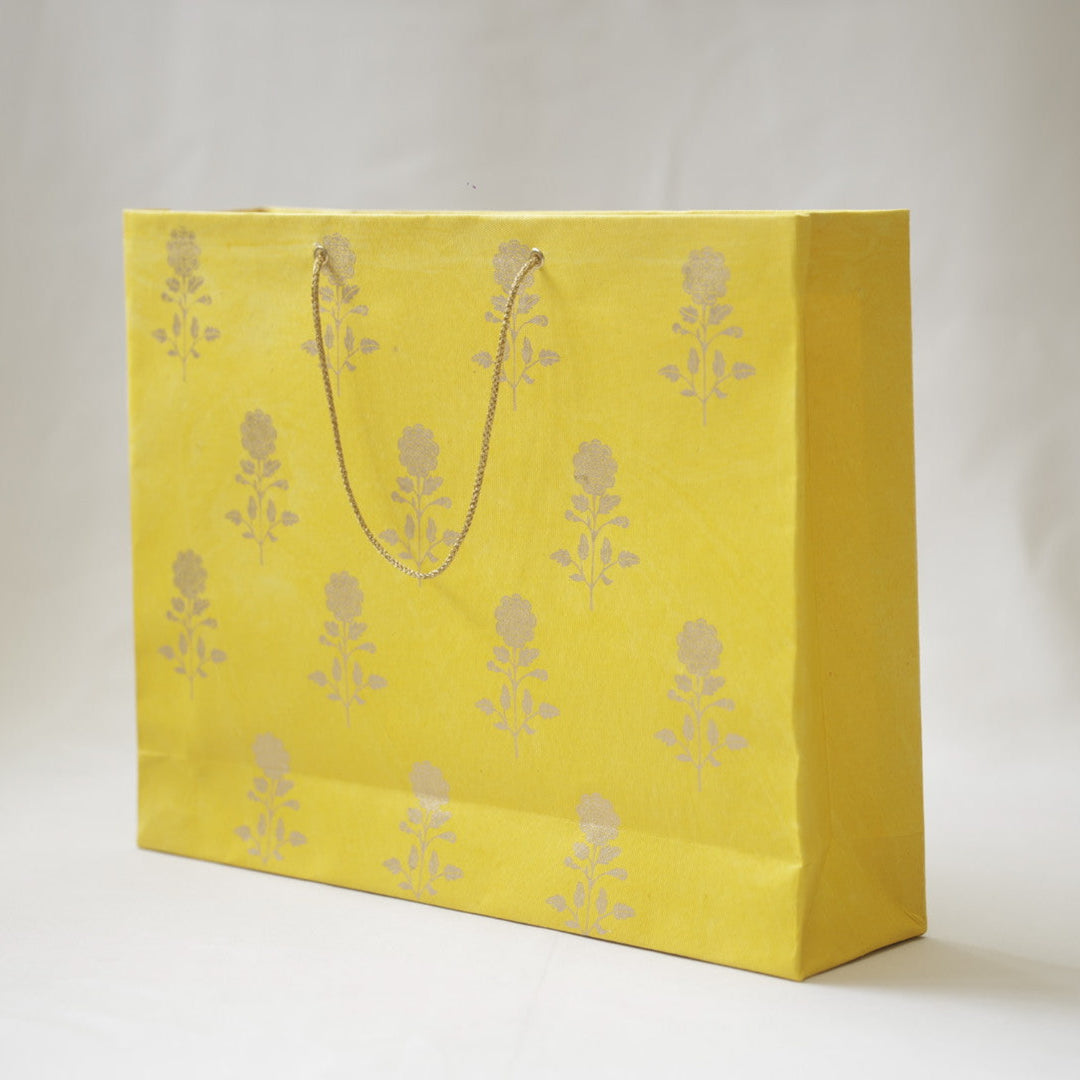 Handmade Yellow Marigold Design Paper Tote Bag | Set of 3