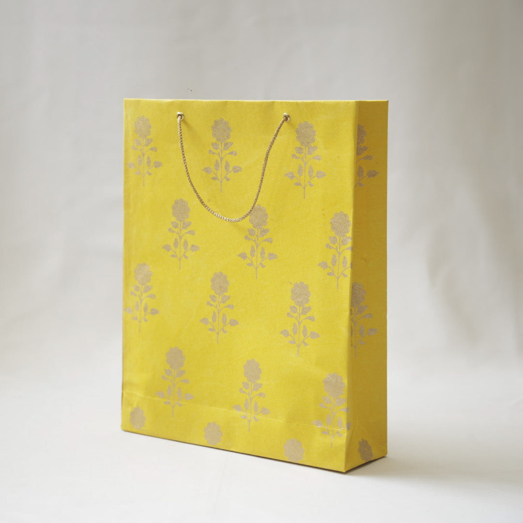 Handmade Yellow Marigold Design Paper Tote Bag | Set of 3