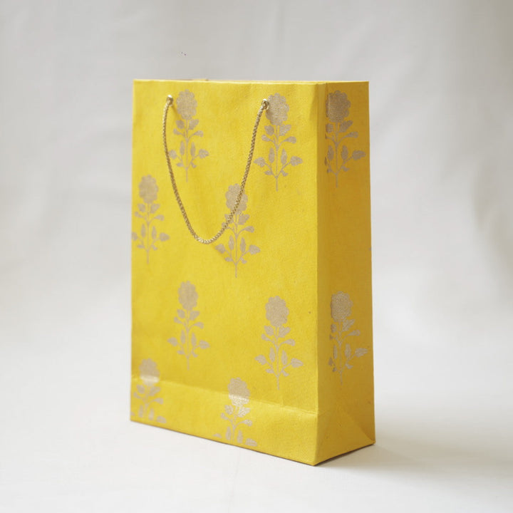 Handmade Yellow Marigold Design Paper Tote Bag | Set of 3