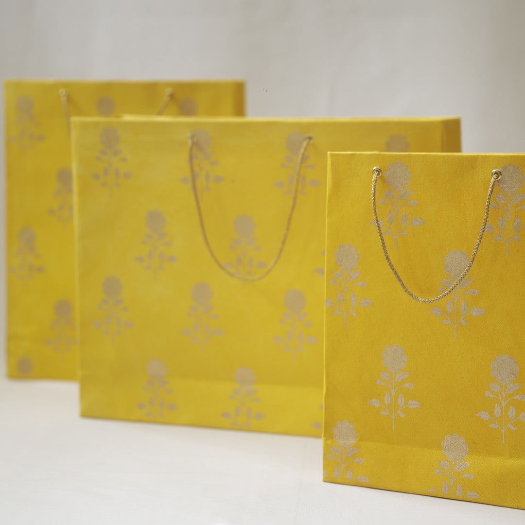 Handmade Yellow Marigold Design Paper Tote Bag | Set of 3