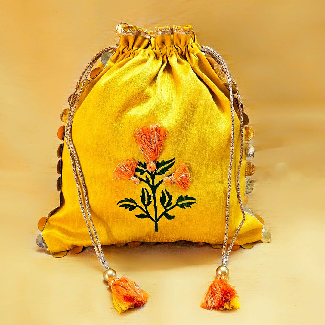 Handmade Marigold Design Silk Potli