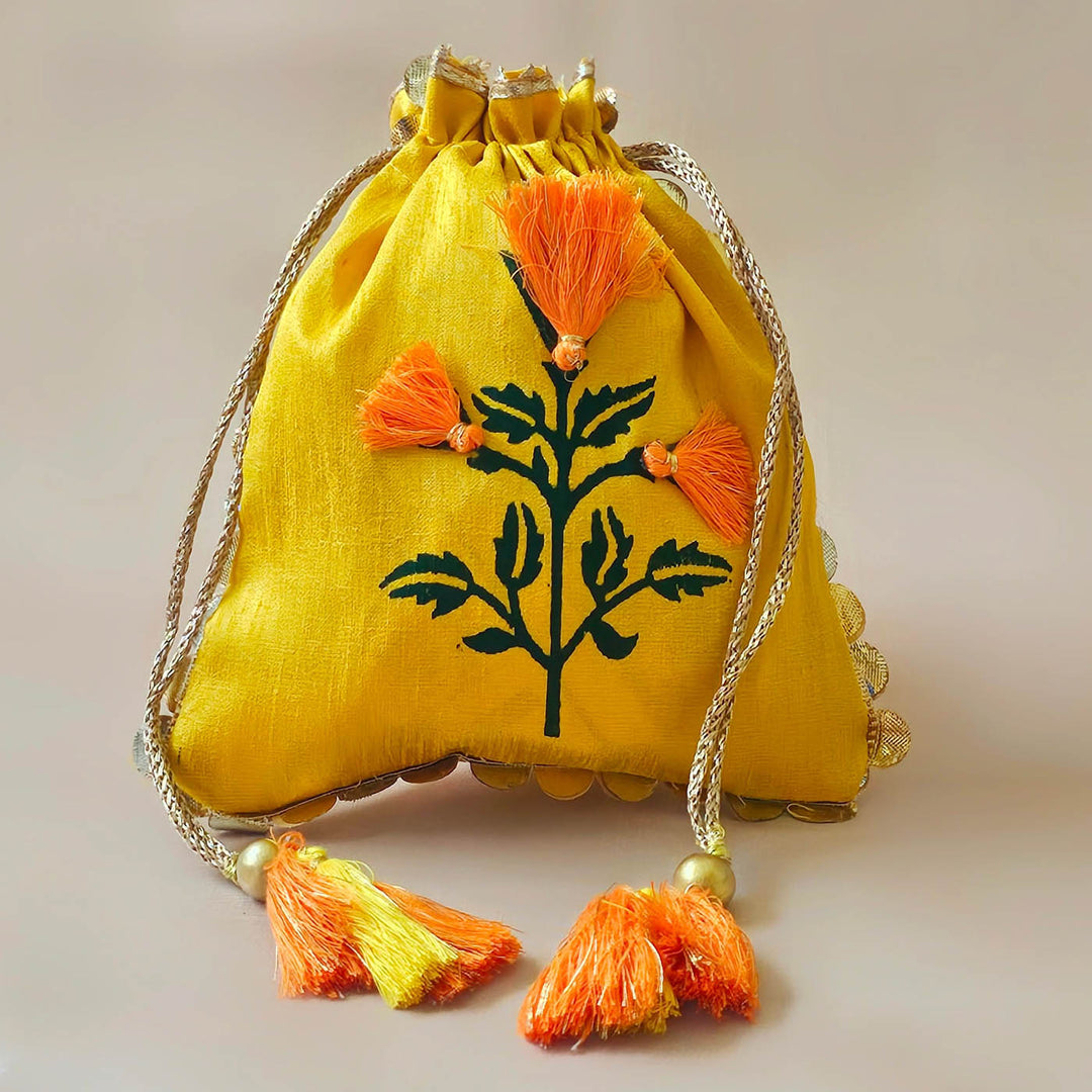 Handmade Marigold Design Silk Potli