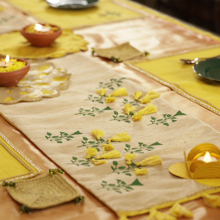 Handmade Marigold Flower Design Silk Table Runner