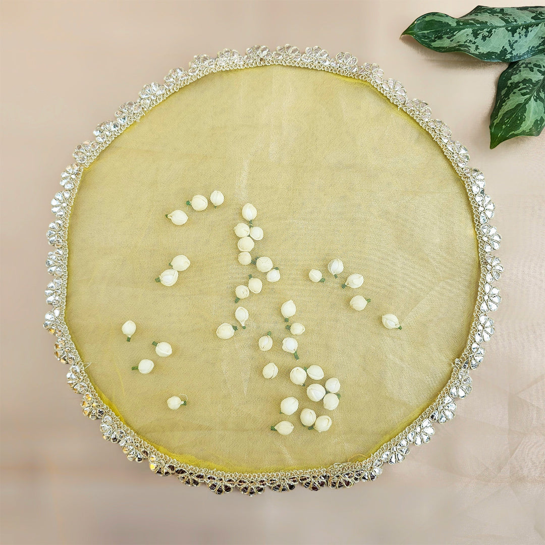 Sheer Net Thali/Tray Cover With Traditional Shola Florals For Festive Decor