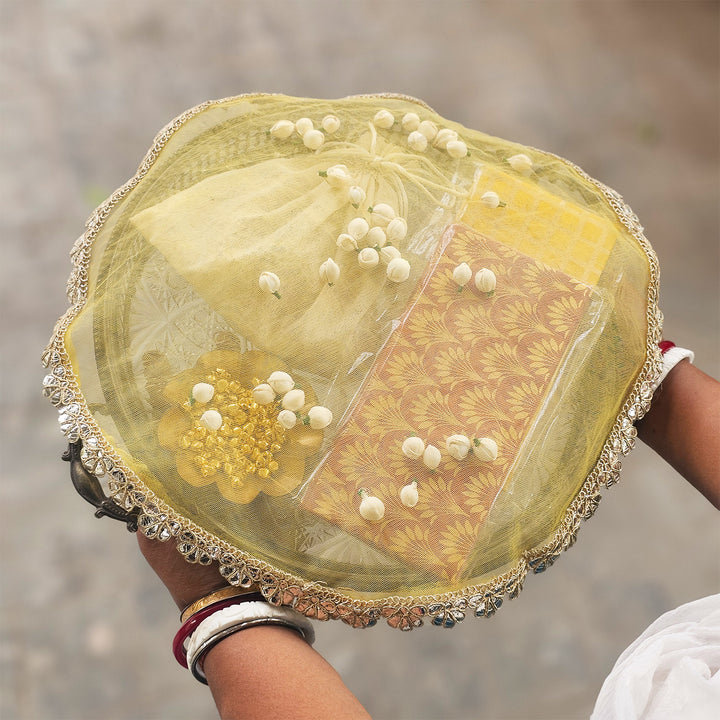 Sheer Net Thali/Tray Cover With Traditional Shola Florals For Festive Decor