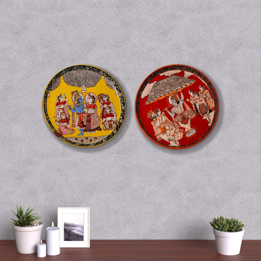 Handpainted Wooden Wall Plate With Krishna Artwork - Set Of 2