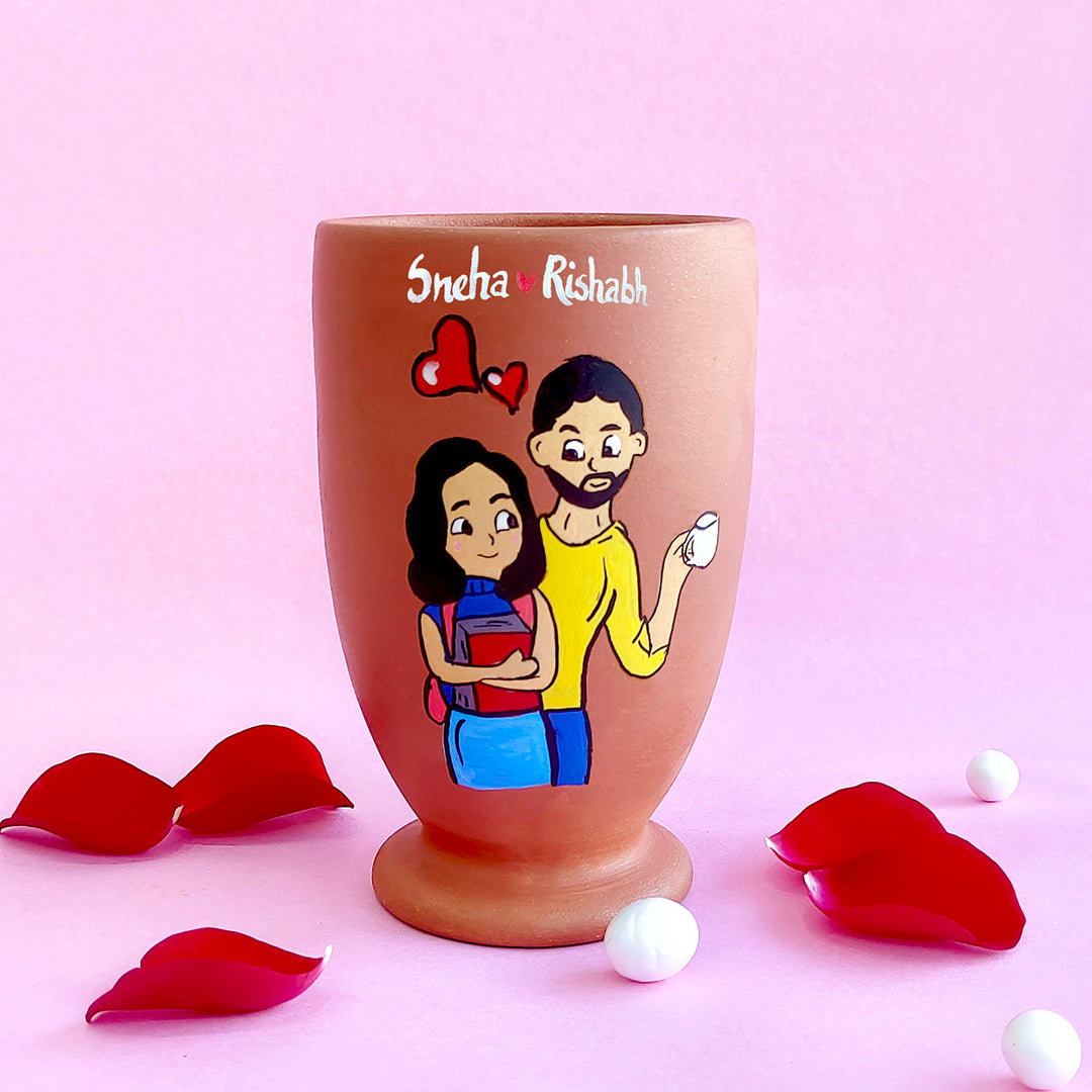 Handpainted Terracotta Personalized Beer Glass for Couples - Zwende