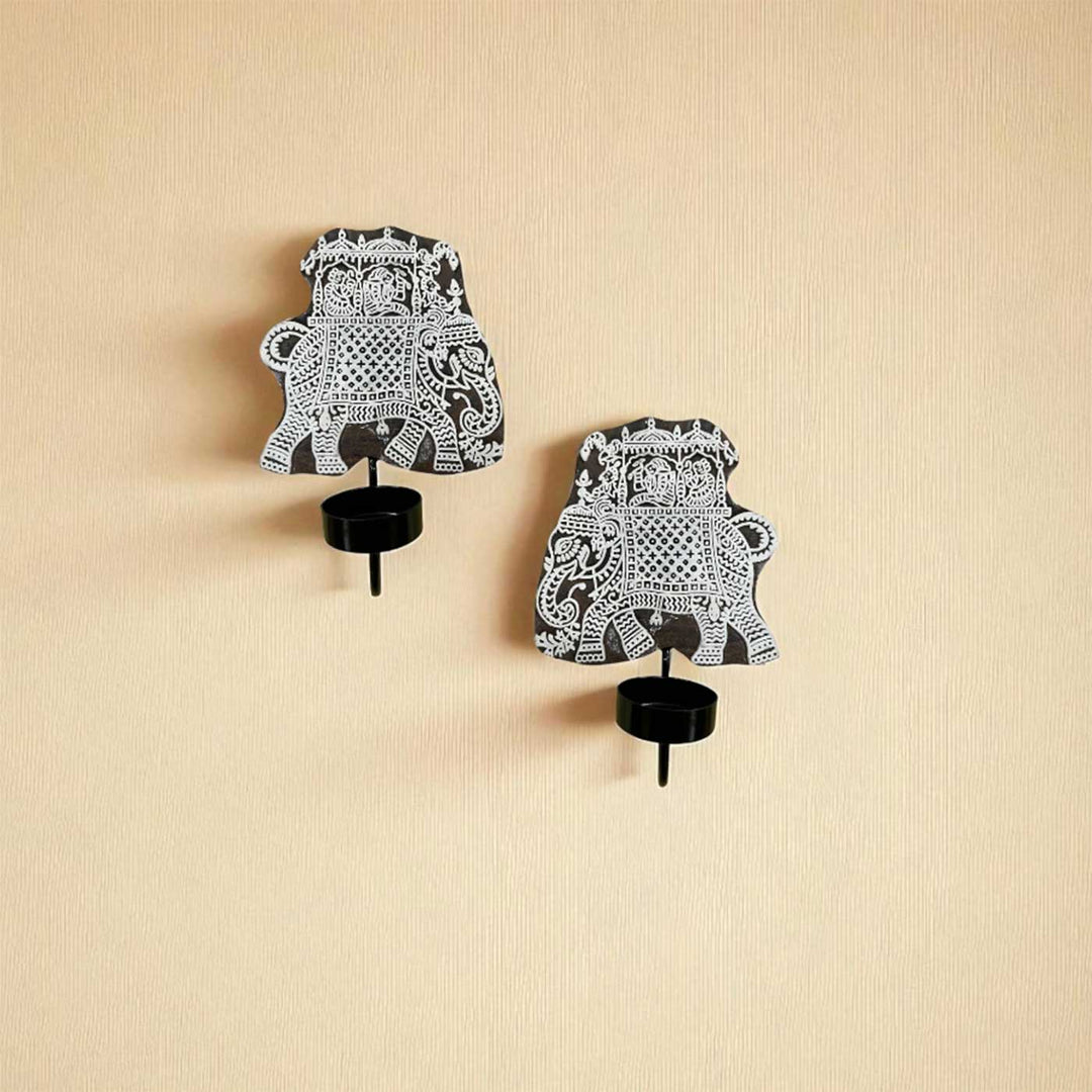 Set Of 2 | Handmade Block Printed Elephant Design Wooden Tealight Holder