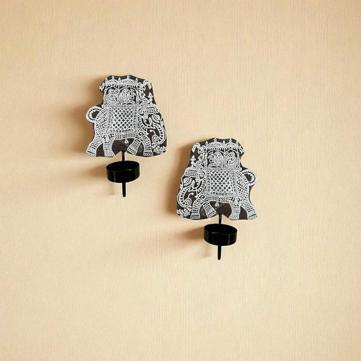 Set Of 2 | Handmade Block Printed Elephant Design Wooden Tealight Holder