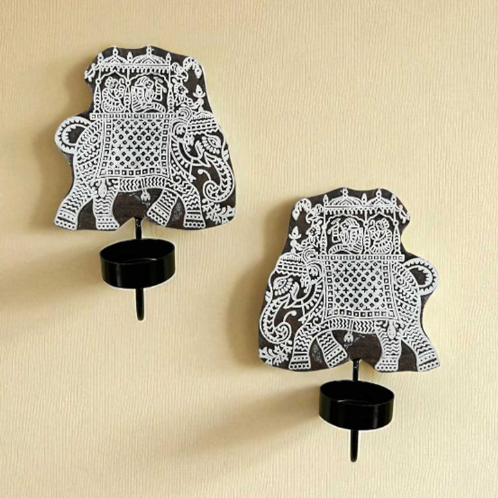 Set Of 2 | Handmade Block Printed Elephant Design Wooden Tealight Holder