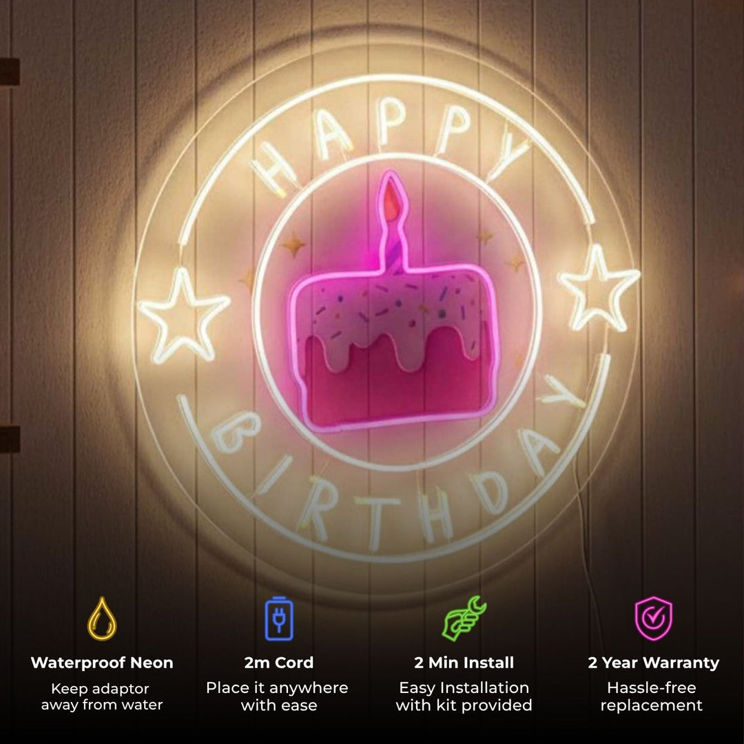 Handmade "Happy Birthday" Neon Light Sign Board with Printed Acrylic Cake Background