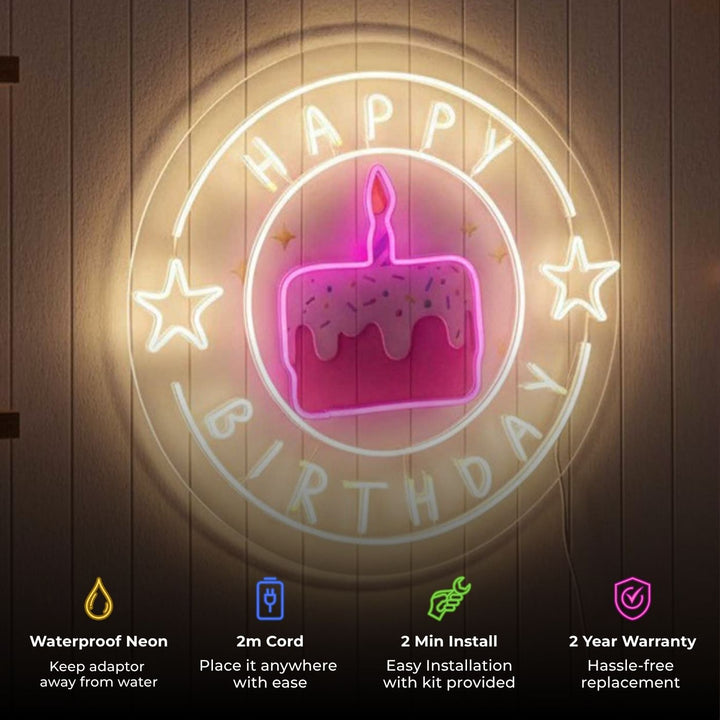 Handmade "Happy Birthday" Neon Light Sign Board with Printed Acrylic Cake Background