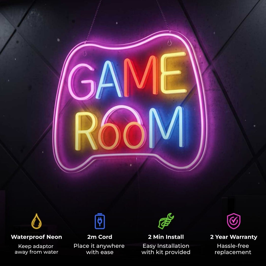 Handmade "Game Room" Neon Light Sign Board With Controller Shape Wall Decor