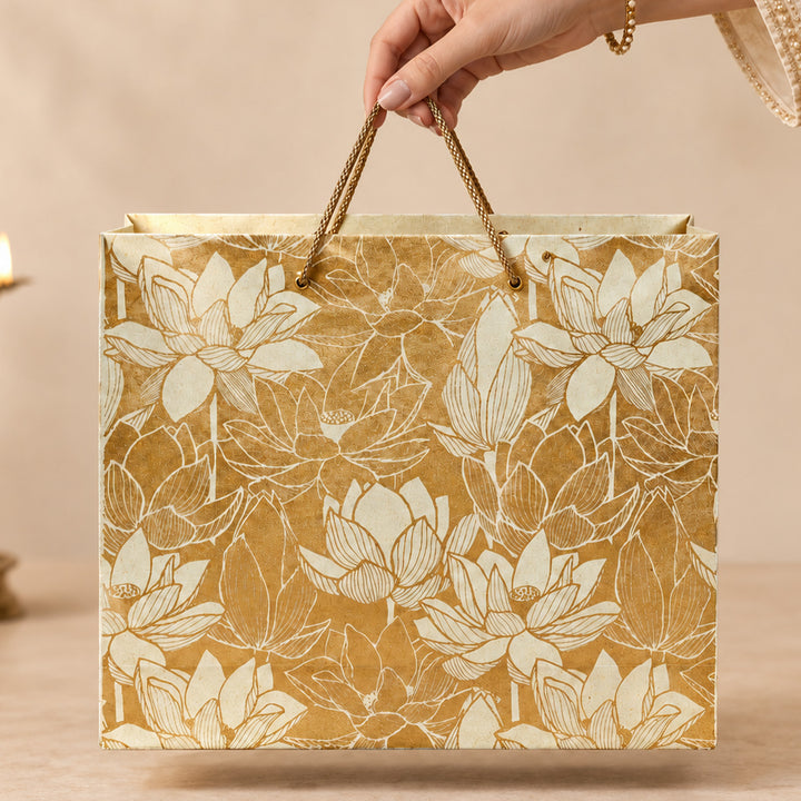 "Lotus" Handmade Golden Screen Printed Large Paper Bag For Festive Gifting