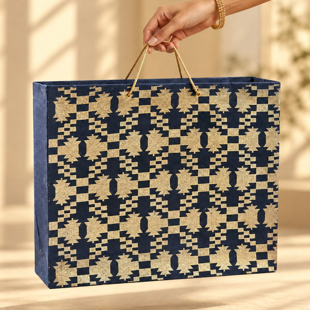 "Maze Puzzle Jamdani" Handmade Golden Screen Printed Large Paper Bag For Festive Gifting