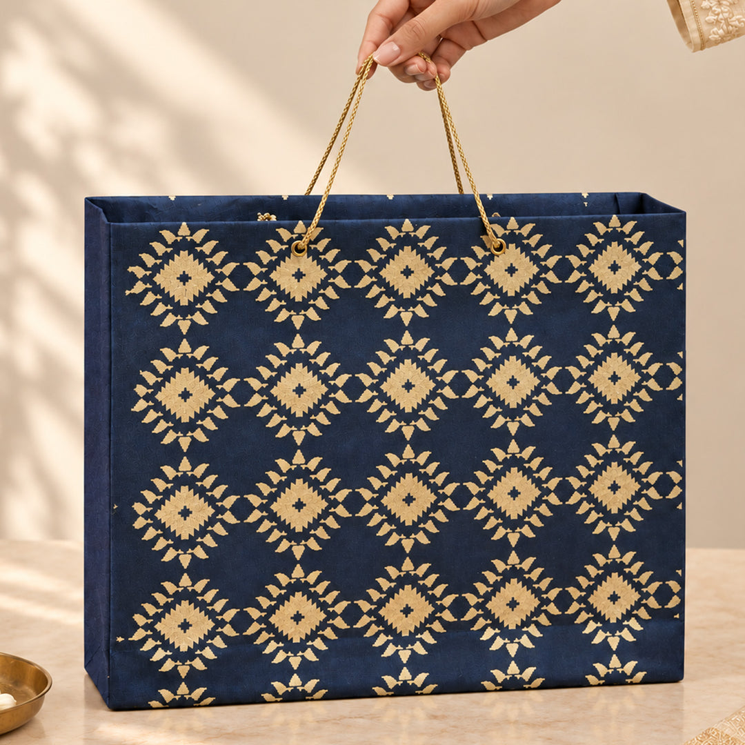 "Box Jamdani" Handmade Golden Screen Printed Large Paper Bag For Festive Gifting