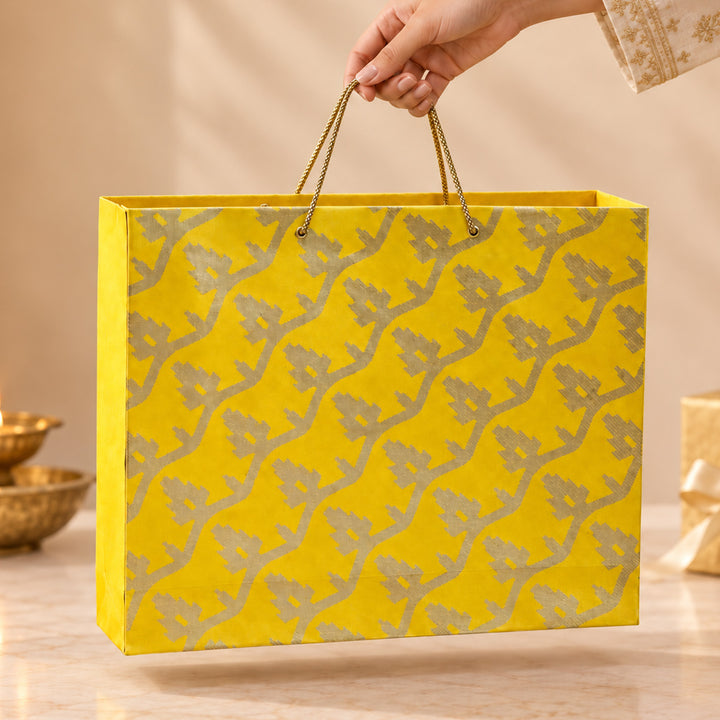 "Leheriya" Handmade Golden Screen Printed Large Paper Bag For Festive Gifting