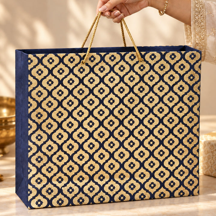 Mughal Boota Handmade Golden Screen Printed Large Paper Bag For Festive Gifting