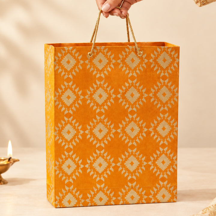 "Box Jamdani" Handmade Golden Screen Printed Medium Paper Bag For Festive Gifting