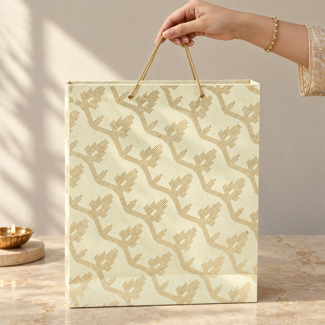 "Leheriya" Handmade Golden Screen Printed Medium Paper Bag For Festive Gifting