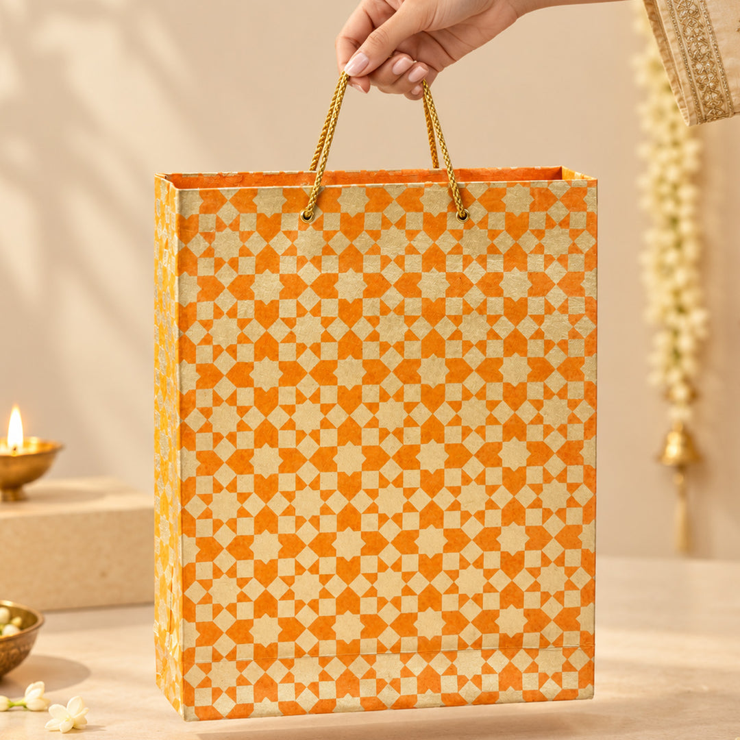 "Sitara" Handmade Golden Screen Printed Medium Paper Bag For Festive Gifting