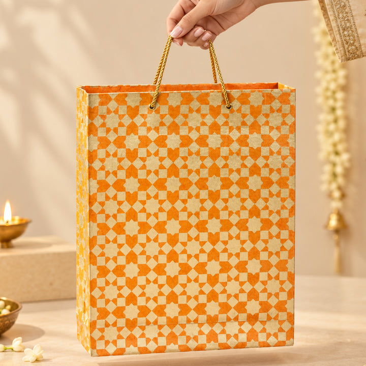 "Sitara" Handmade Golden Screen Printed Medium Paper Bag For Festive Gifting