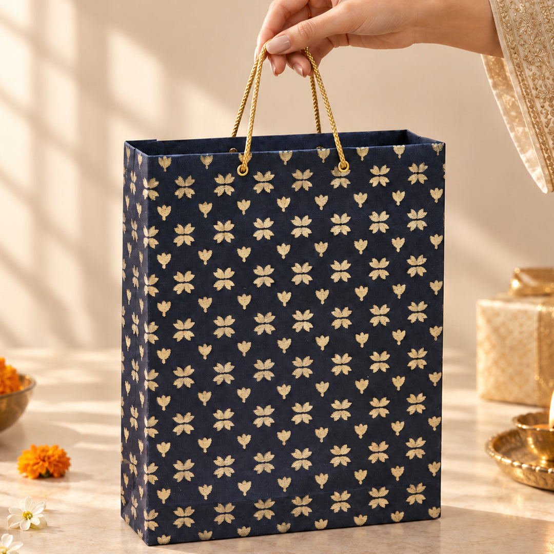 "Butterfly Clover" Handmade Golden Screen Printed Medium Paper Bag For Festive Gifting
