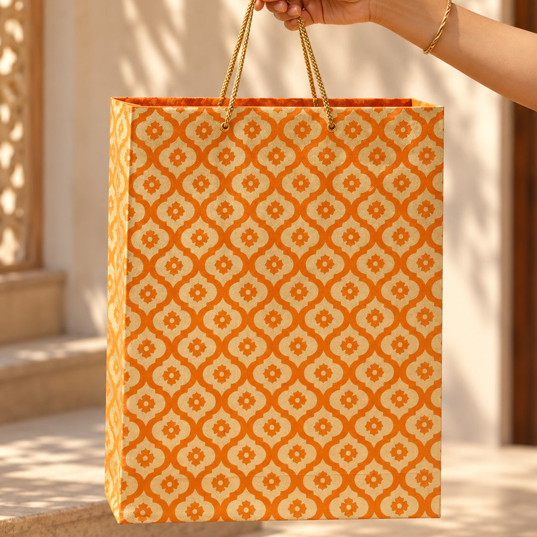 Mughal Boota Handmade Golden Screen Printed Medium Paper Bag For Festive Gifting