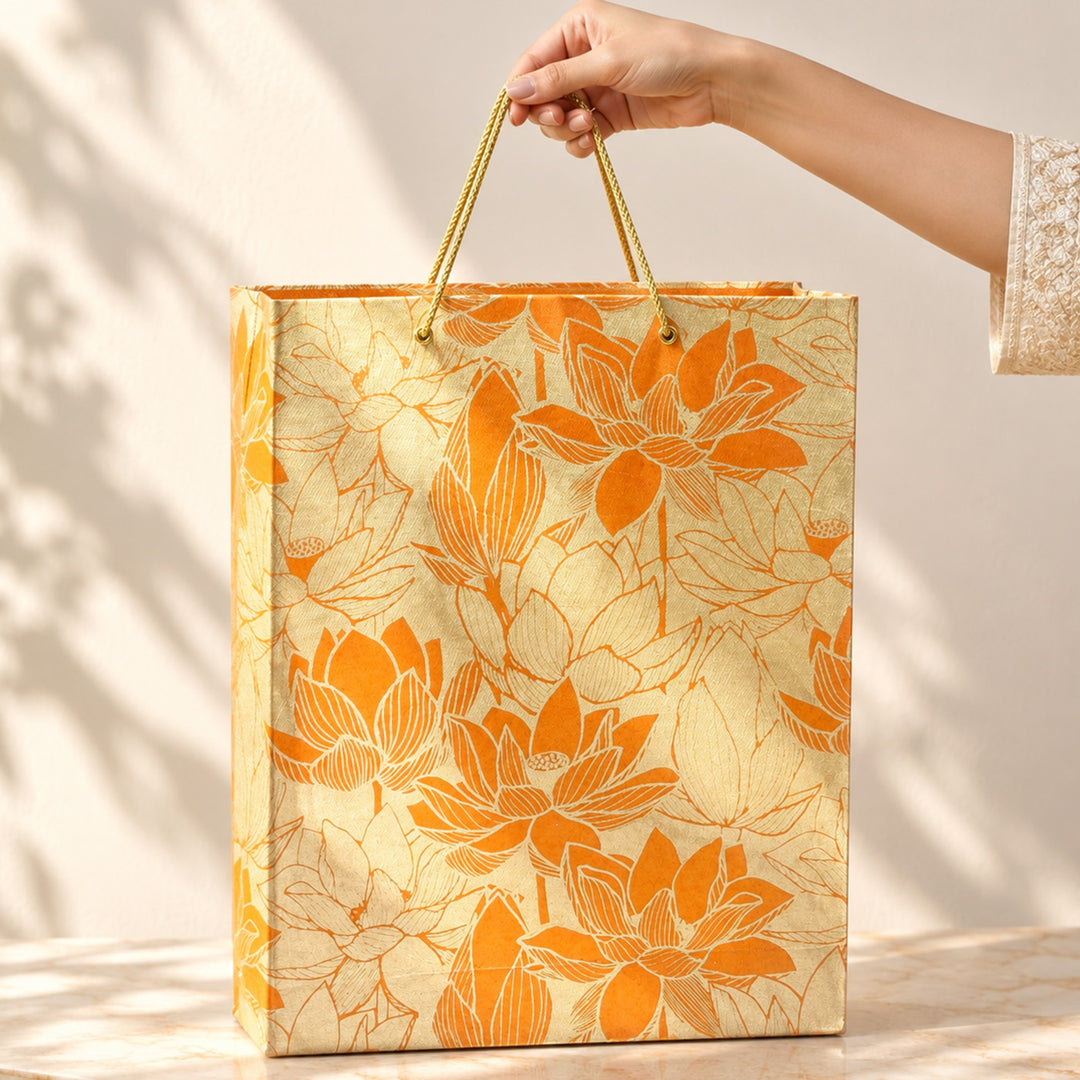 "Lotus" Handmade Golden Screen Printed Medium Paper Bag For Festive Gifting