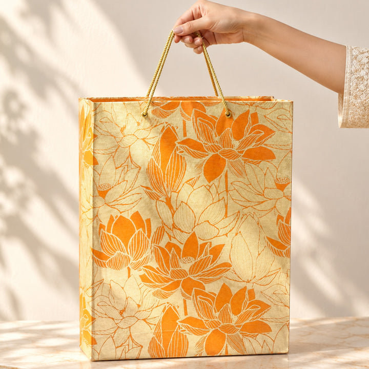 "Lotus" Handmade Golden Screen Printed Medium Paper Bag For Festive Gifting