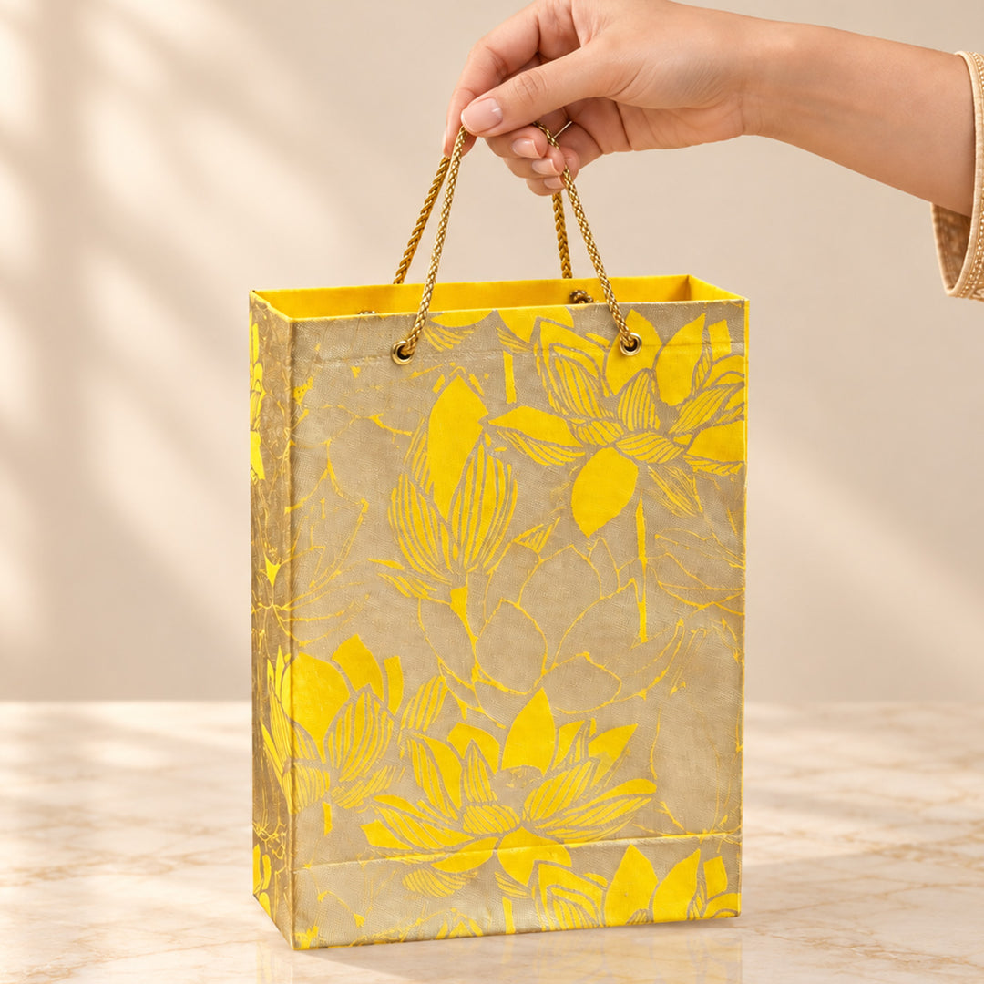 "Lotus" Handmade Golden Screen Printed Small Paper Bag For Festive Gifting