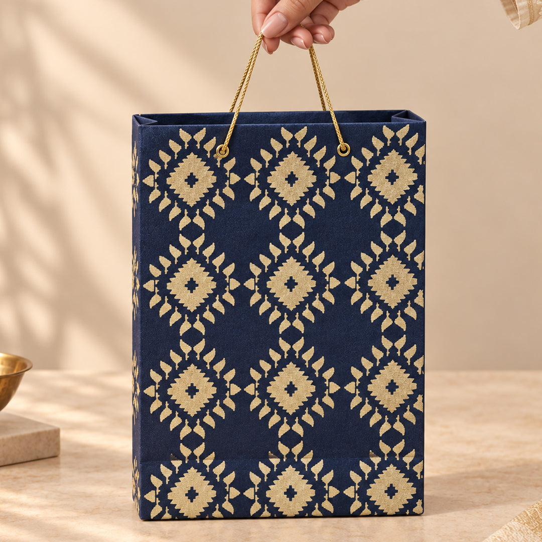 "Box Jamdani" Handmade Golden Screen Printed Small Paper Bag For Festive Gifting