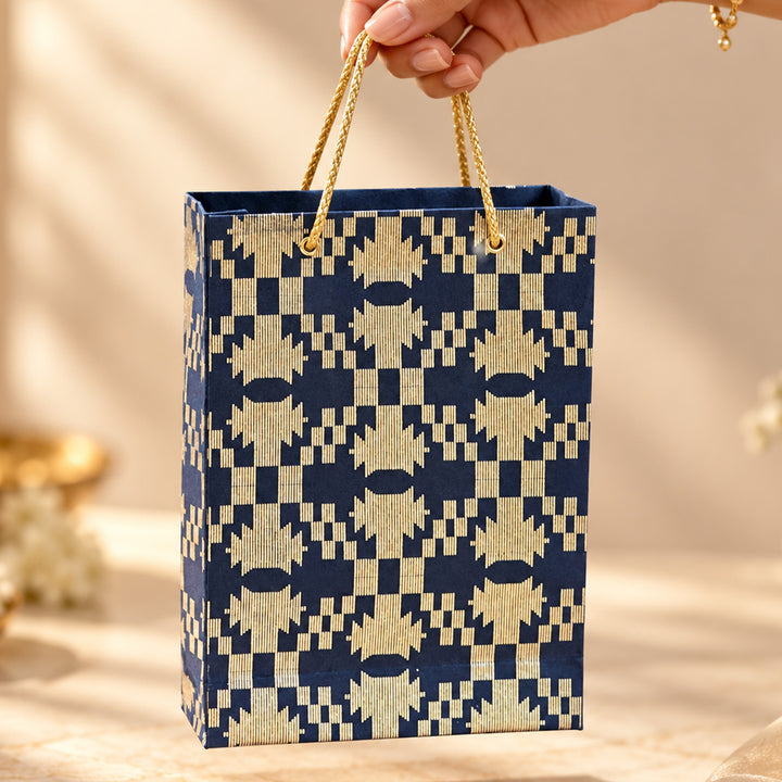 Maze Puzzle Jamdani Handmade Golden Screen Printed Small Paper Bag For Festive Gifting