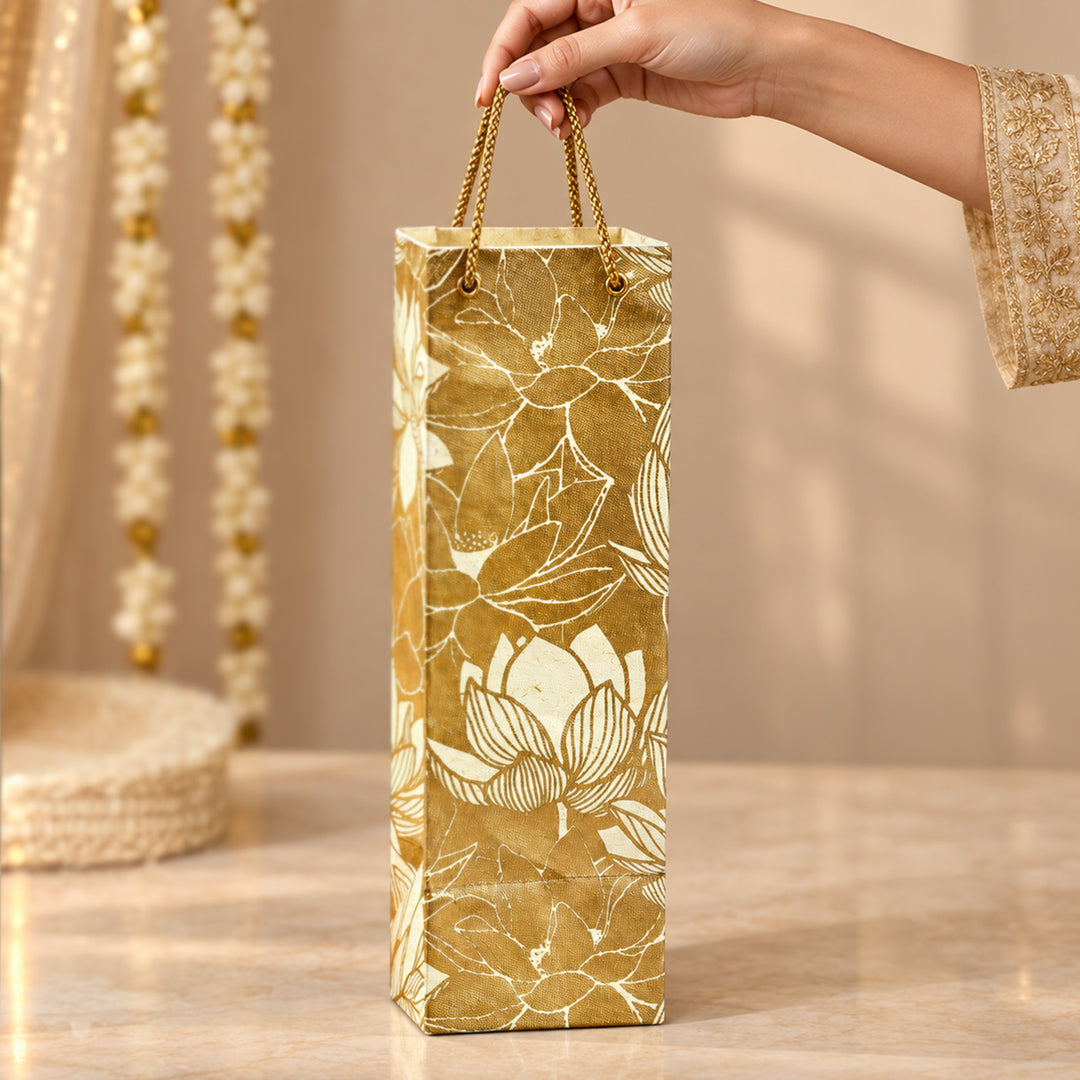 "Lotus" Handmade Golden Screen Printed Bottle Paper Bag For Festive Gifting