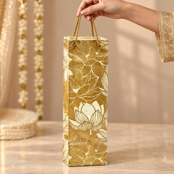 "Lotus" Handmade Golden Screen Printed Bottle Paper Bag For Festive Gifting