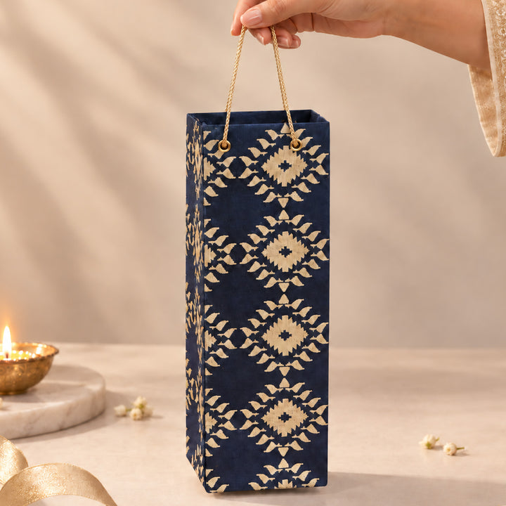 "Box Jamdani" Handmade Golden Screen Printed Bottle Paper Bag For Festive Gifting
