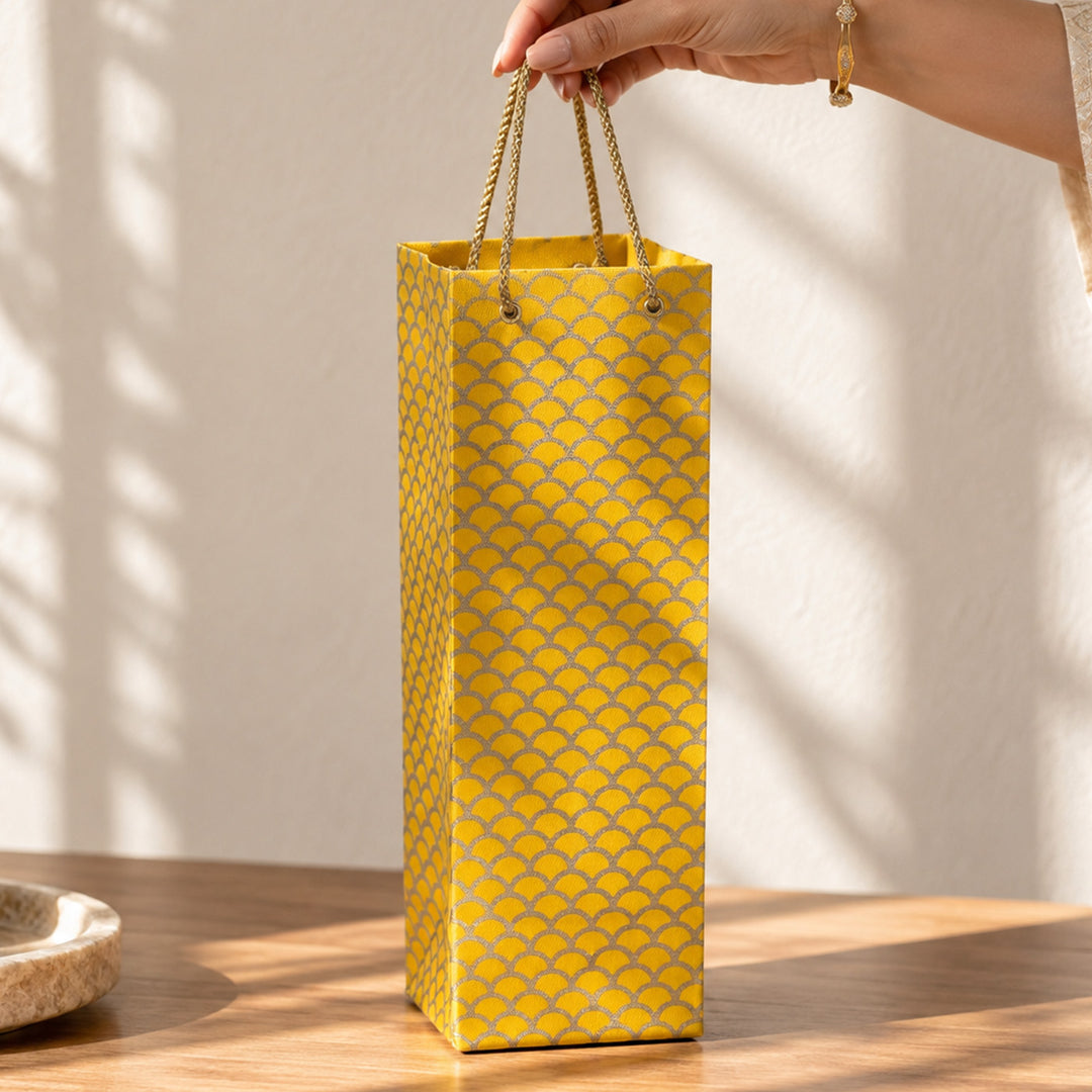 "Fishscale" Handmade Golden Screen Printed Bottle Paper Bag For Festive Gifting