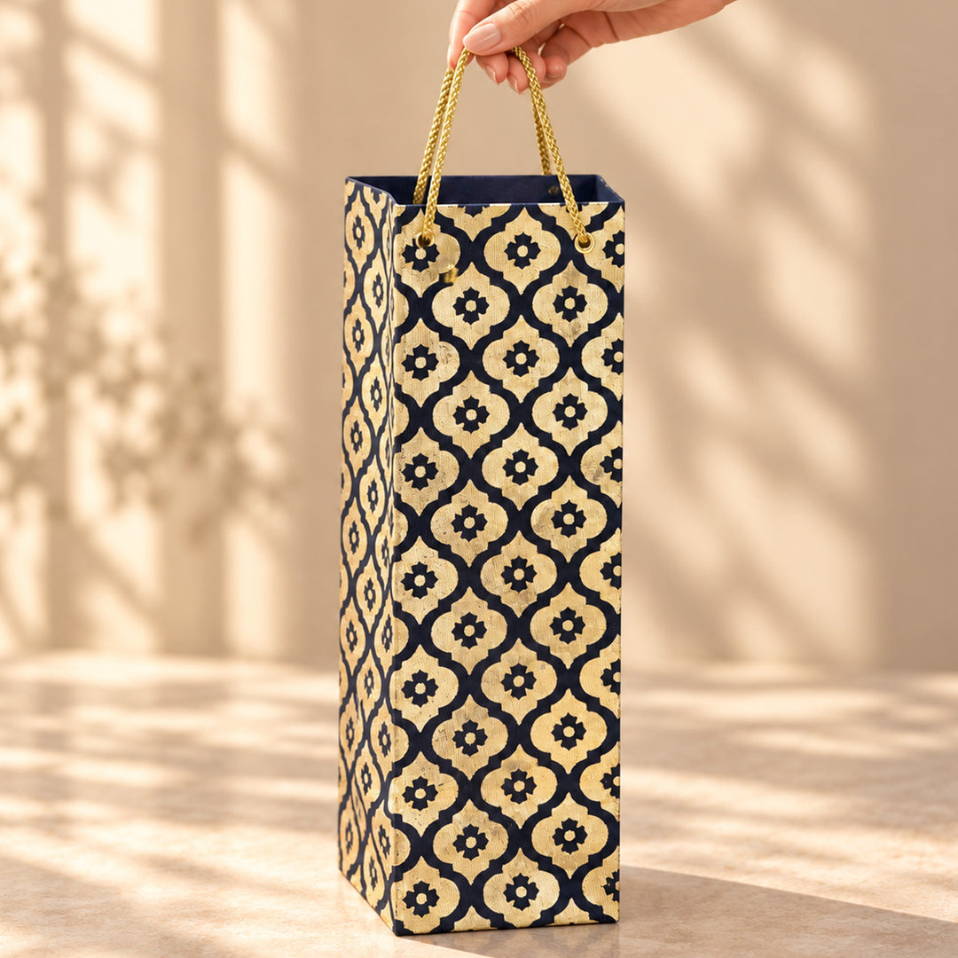 Mughal Boota Handmade Golden Screen Printed Bottle Paper Bag For Festive Gifting
