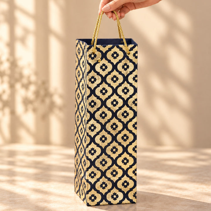 Mughal Boota Handmade Golden Screen Printed Bottle Paper Bag For Festive Gifting