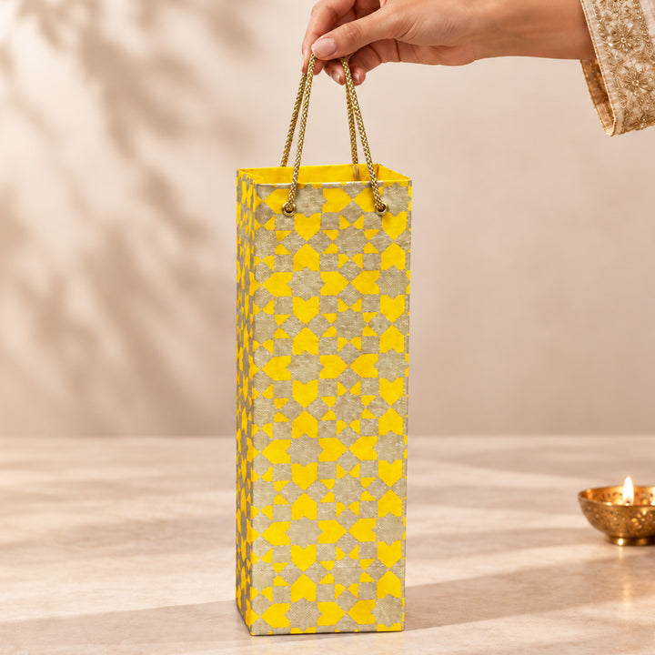 "Sitara" Handmade Golden Screen Printed Bottle Paper Bag For Festive Gifting