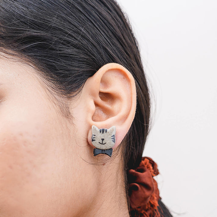 Handmade Clay Mr. Cosmo Cat Stud Earrings