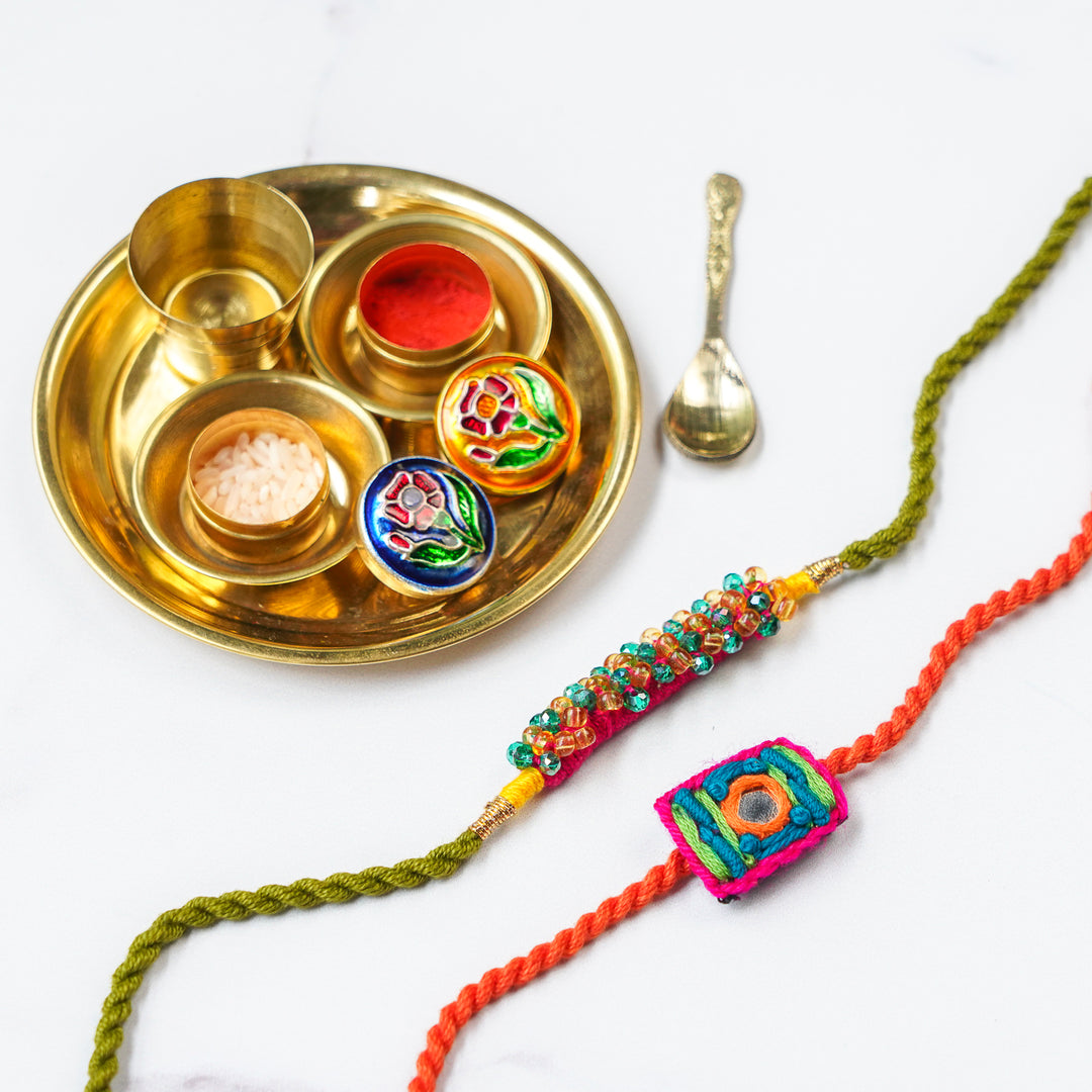 2 pc Rakhi + Brass Thali Set | Premium Knots Of Love Embroidered & Beaded Rakhi Set with Roli Chawal