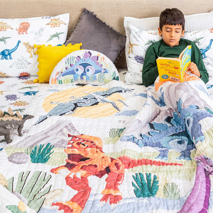 Personalized Dino Goes To School Theme Cotton Quilt For Kids