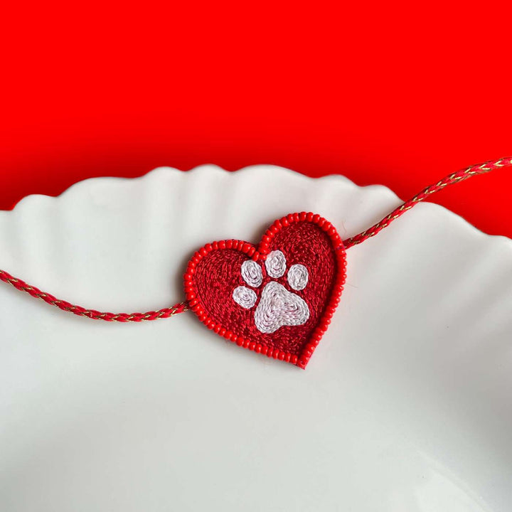 Handmade Beaded Paw Heart Rakhi With Roli Chawal